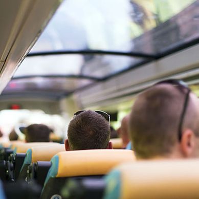 a group of people on a hire bus
