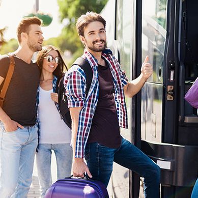 passenger getting on a hire bus 